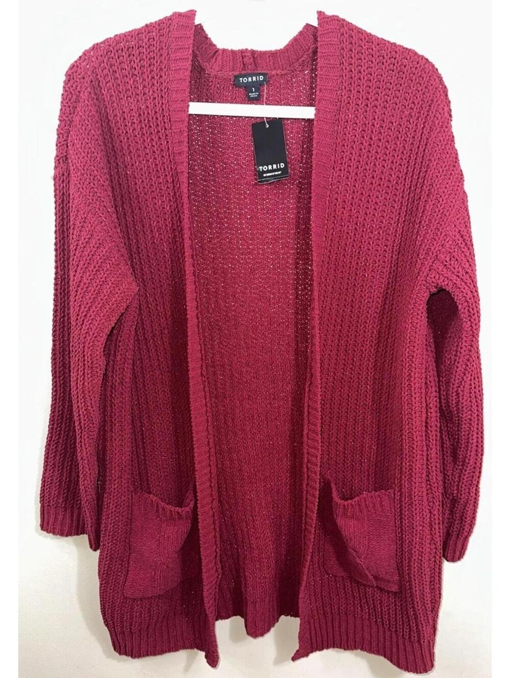 Torrid Women’s Open Cardigan 1 1X Cranberry Knit Metallic Sparkling Pockets Long